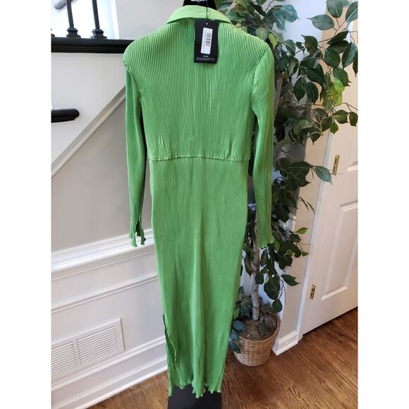 PRETTYLITTLETHING Long Maxi Dress Womens 8 Green Plisse Collared Button Front - Picture 3 of 16